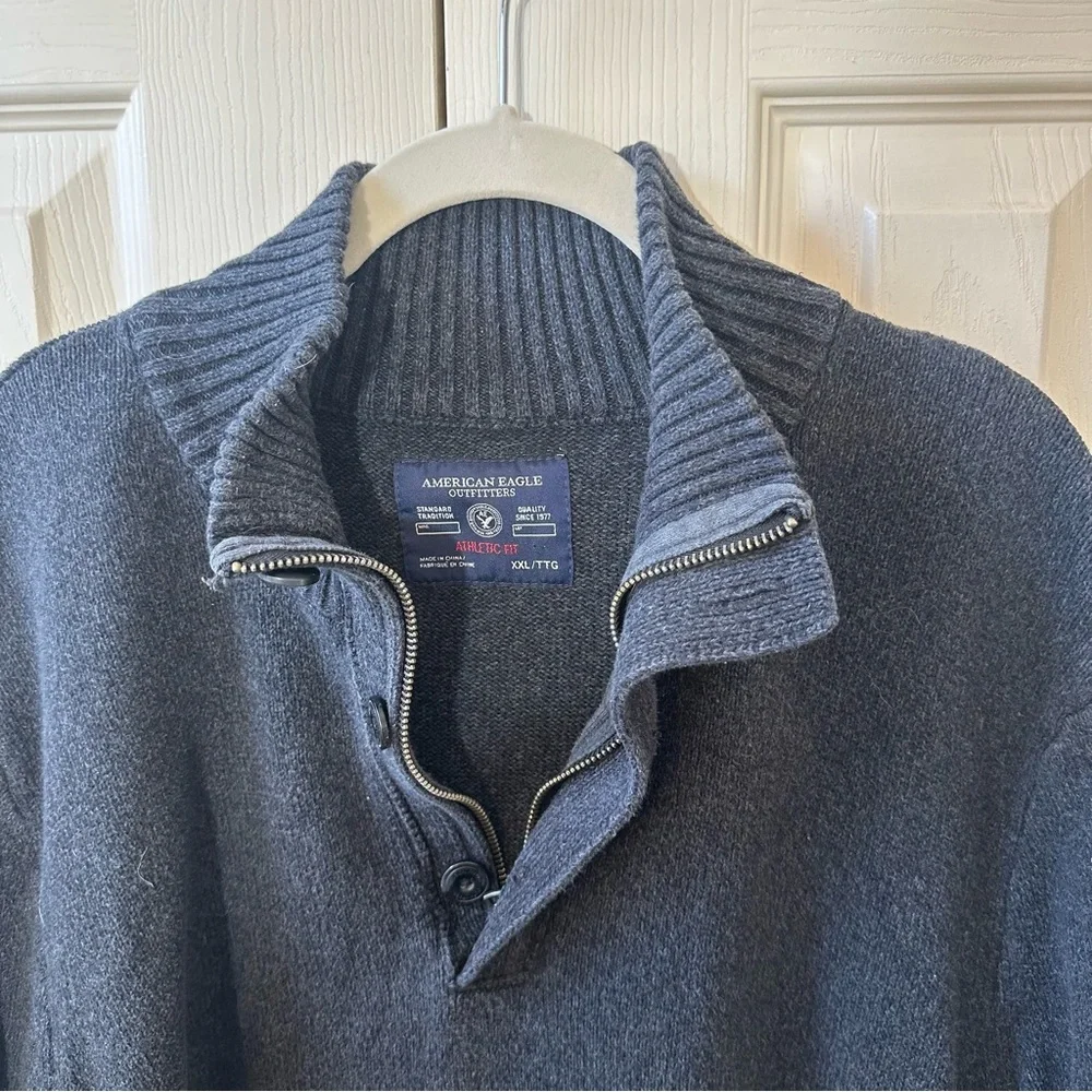 American Eagle Athletic Fit Knit Henley Sweater Mens Size XXL Heather Gray
